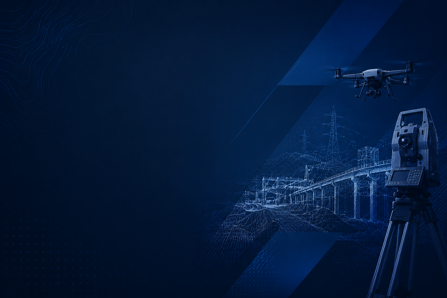 Visualização técnica azul com drone, estação total e infraestrutura em nuvem de pontos