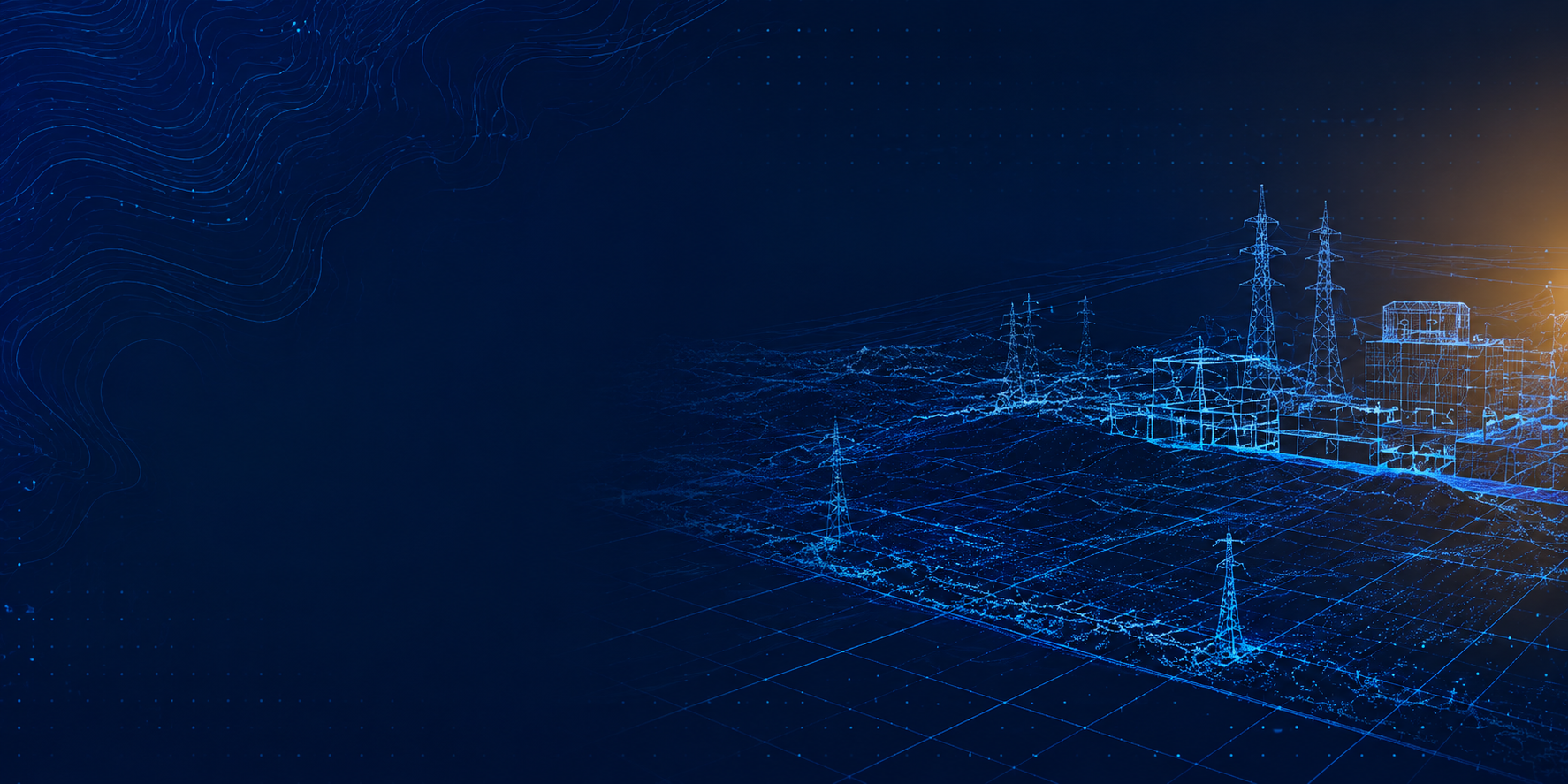Visualização LiDAR azul de infraestrutura e torres de energia